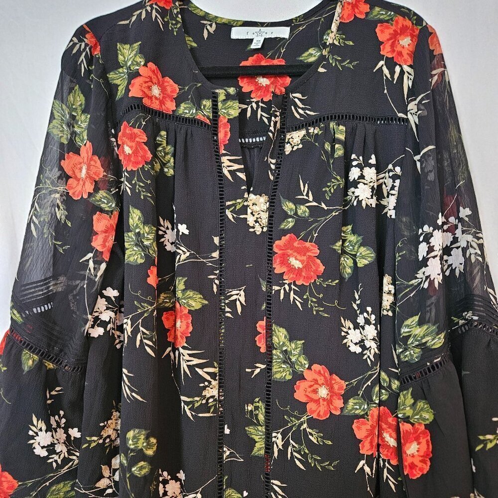 XL Fever Black Floral Pheasant Tunic Blouse ‎ 1X NWT